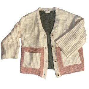 Entro • Ivory, Sage, & Pink Boxy Color Block Cardigan with Pockets (M/L) NWOT